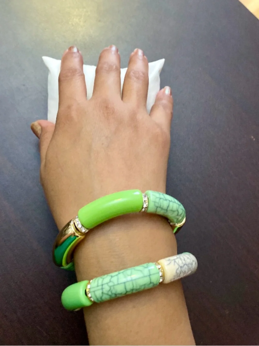Green Enamel & Gold Accent Stretch Bracelet set